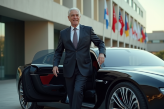 Homme politique sortant d'une voiture futuriste élégante