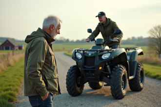 Homme en vêtements outdoor inspectant un quad en campagne