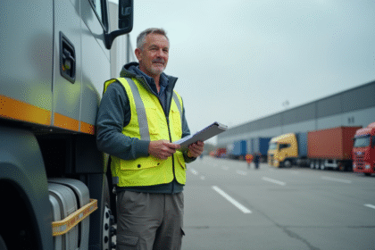 Homme en gilet de sécurité avec camion moderne