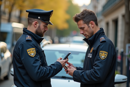 Homme avec smartphone montre à un agent de police en ville