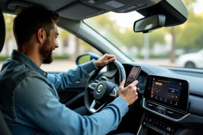Homme en voiture montrant son smartphone au tableau de bord