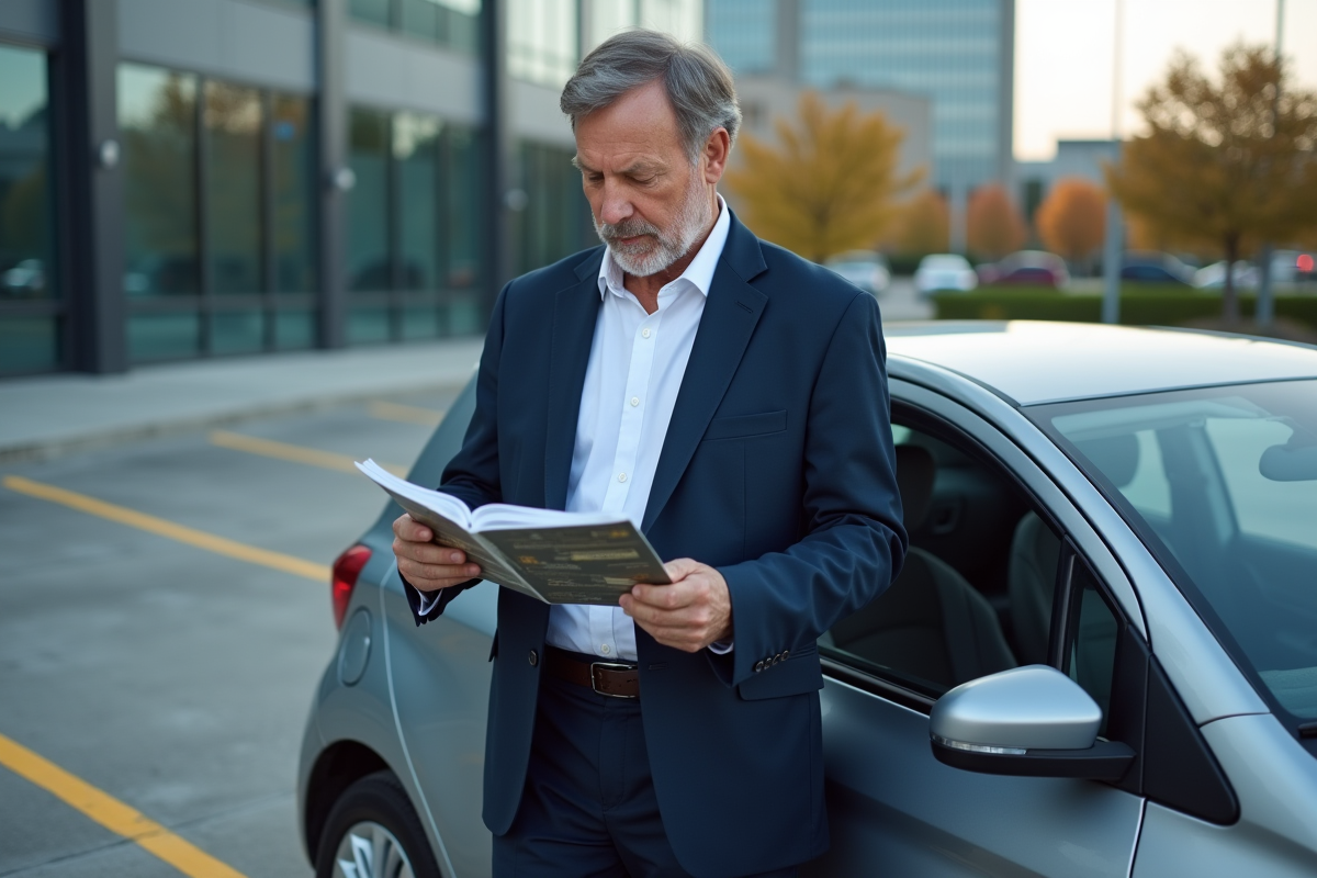 Homme en costume vérifiant des brochures d