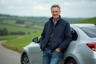 Homme en veste navy et jeans près d'une voiture en campagne