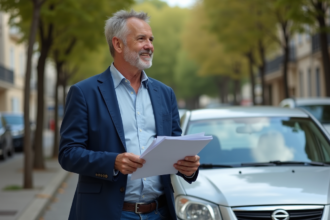 Homme d'âge moyen avec documents voiture devant sa résidence