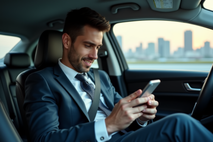 Homme en costume dans une voiture VTC vérifiant son smartphone