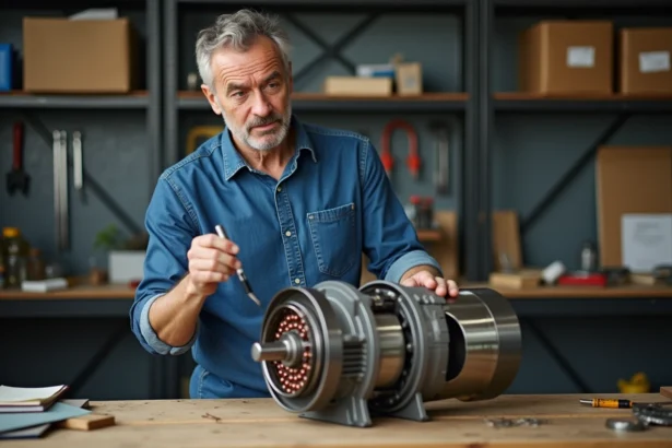 Ingénieur homme examine moteur électrique démonté dans atelier