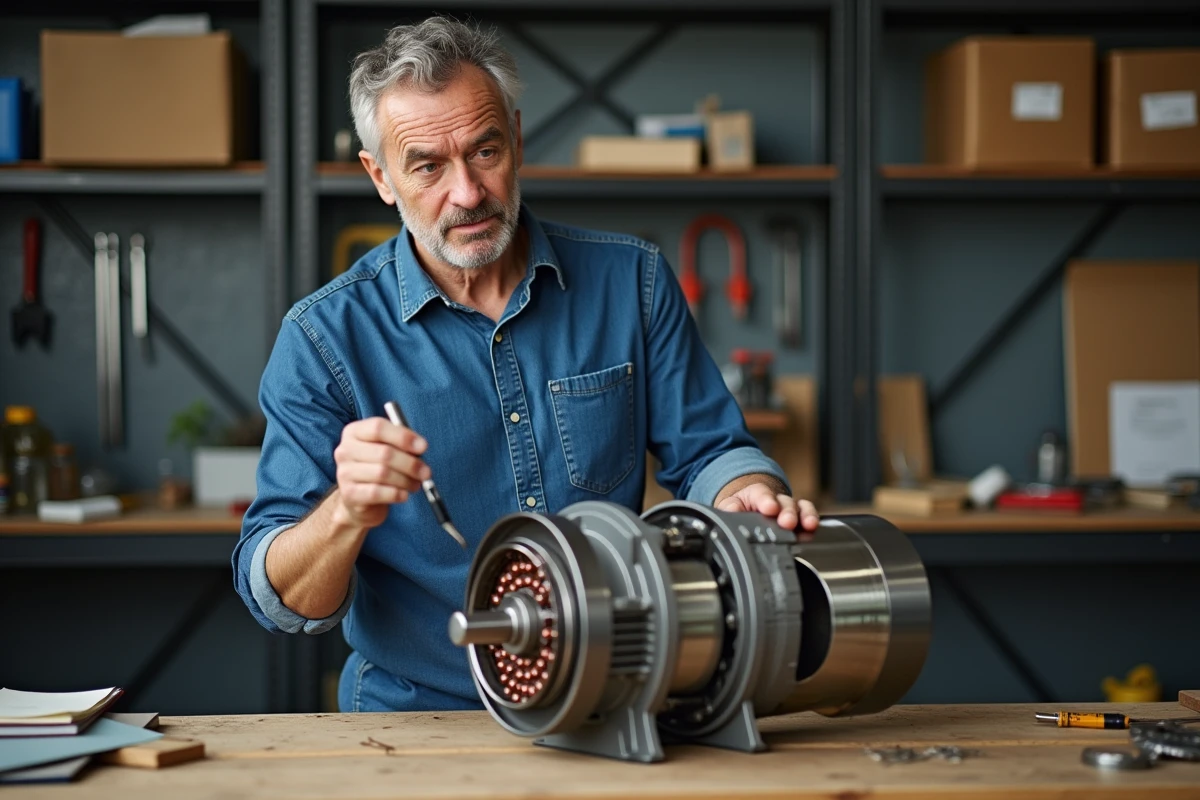 Ingénieur homme examine moteur électrique démonté dans atelier