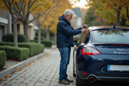Homme inspectant un dispositif antipollution devant sa voiture