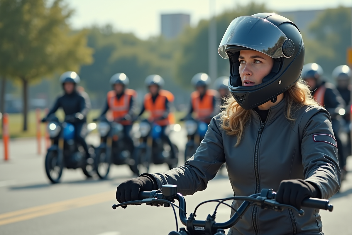 Jeune femme instructrice en moto enseignant une technique