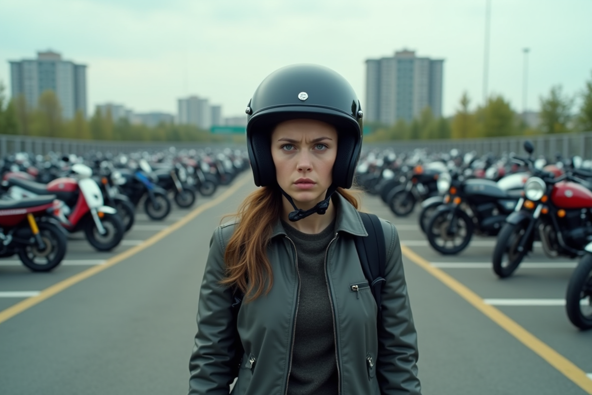 Jeune femme cherchant sa moto dans un parking urbain