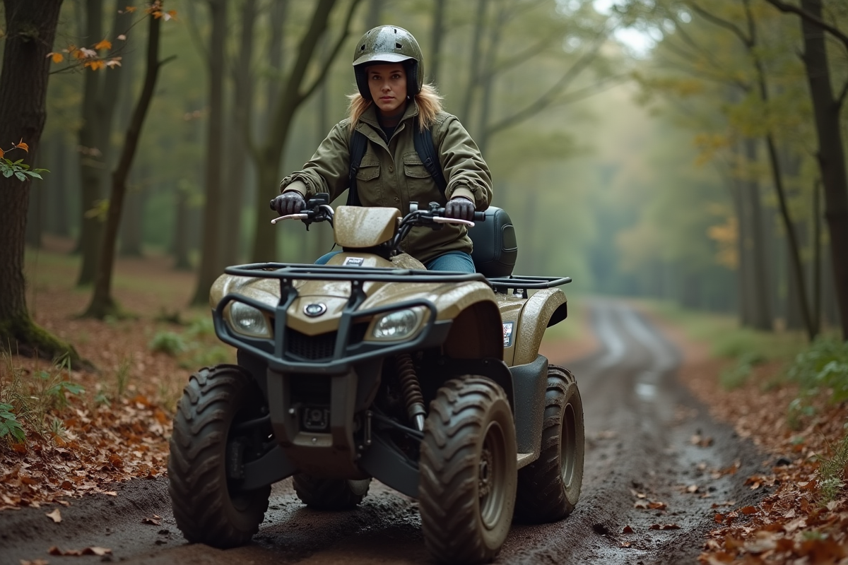 Jeune femme en équipement riding sur un quad en forêt