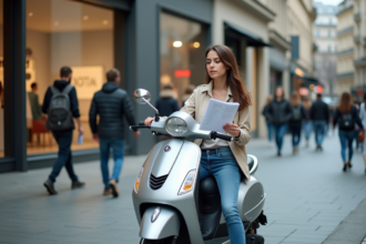Jeune femme avec scooter en ville vérifiant ses papiers