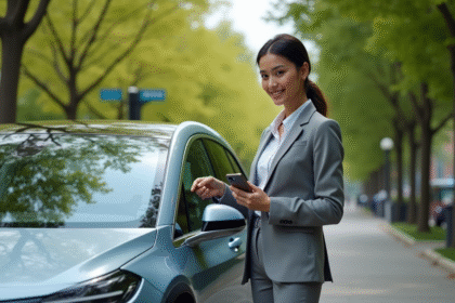 Jeune femme souriante avec voiture électrique en ville