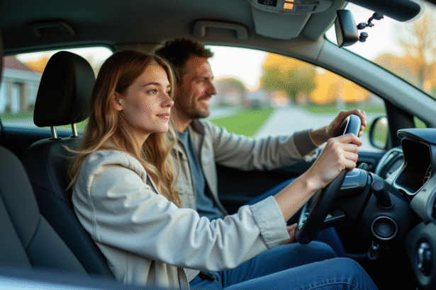 Jeune fille de 17 ans dans une voiture avec son père dans un cadre suburbain