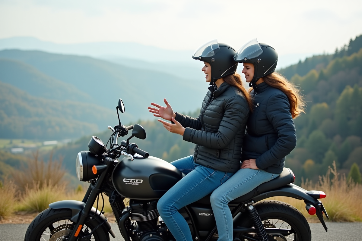 Jeune femme et adolescent en moto au panorama de vallée
