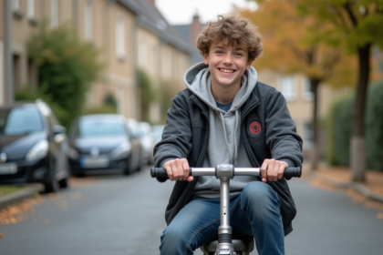 Jeune garçon français souriant sur un scooter en extérieur