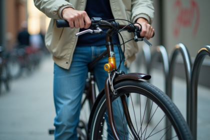 Jeune homme en jeans et veste sécurise son vélo en ville