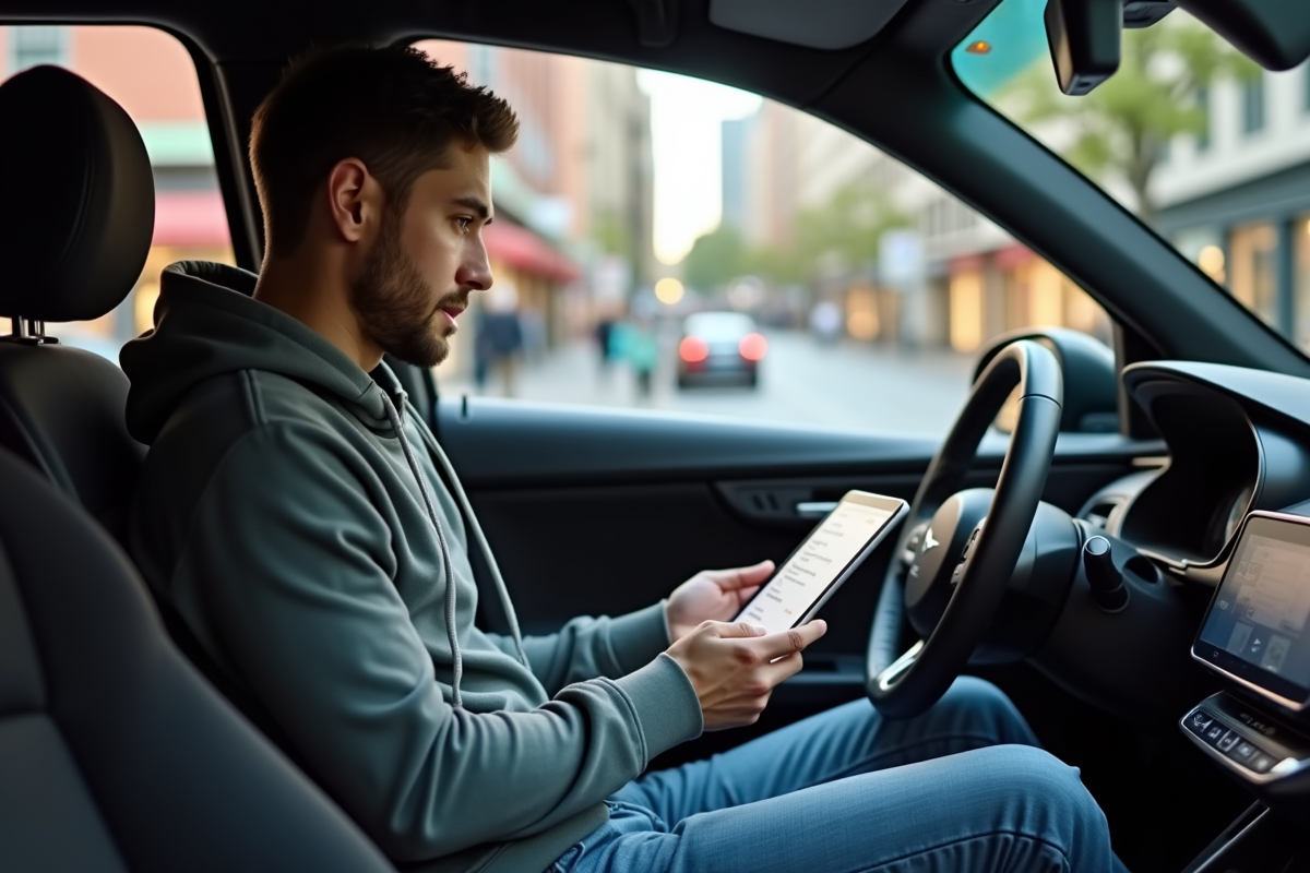 Jeune homme utilisant tablette dans voiture urbaine moderne