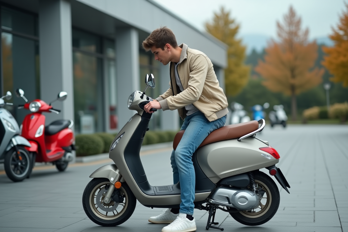 Jeune homme examine un scooter 50cc en extérieur