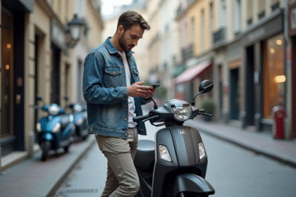 Jeune homme vérifiant son smartphone à côté d'une Honda Dax en ville