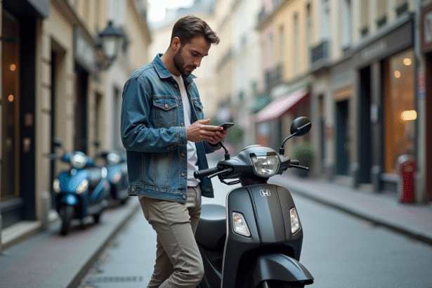 Jeune homme vérifiant son smartphone à côté d'une Honda Dax en ville