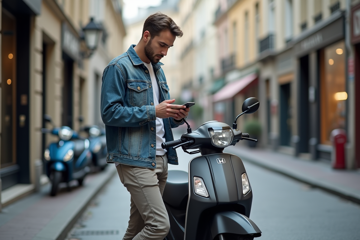 Jeune homme vérifiant son smartphone à côté d'une Honda Dax en ville
