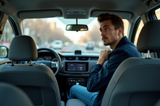 Jeune homme concentré dans un taxi lors d'un examen