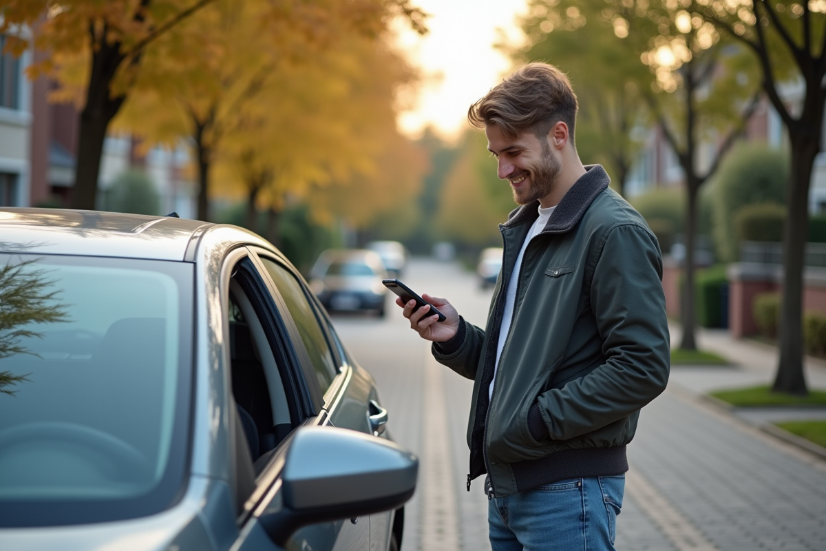 Jeune homme vérifiant son permis devant sa voiture
