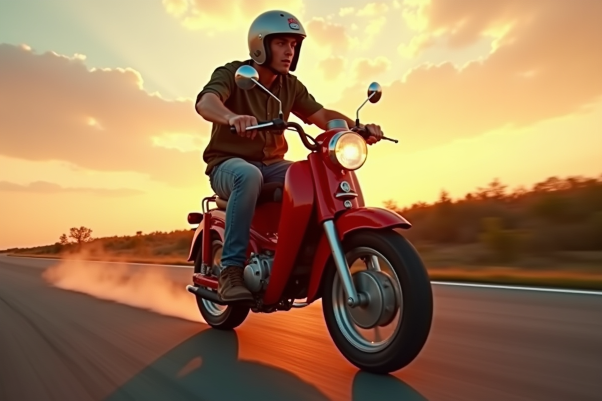 Jeune mécanicien roulant en scooter 49cc à grande vitesse