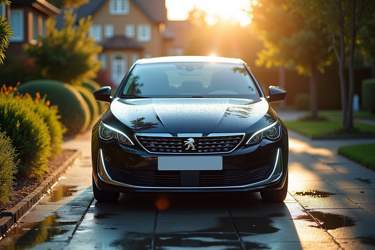 Voiture Peugeot 308 propre en cours de lavage extérieur