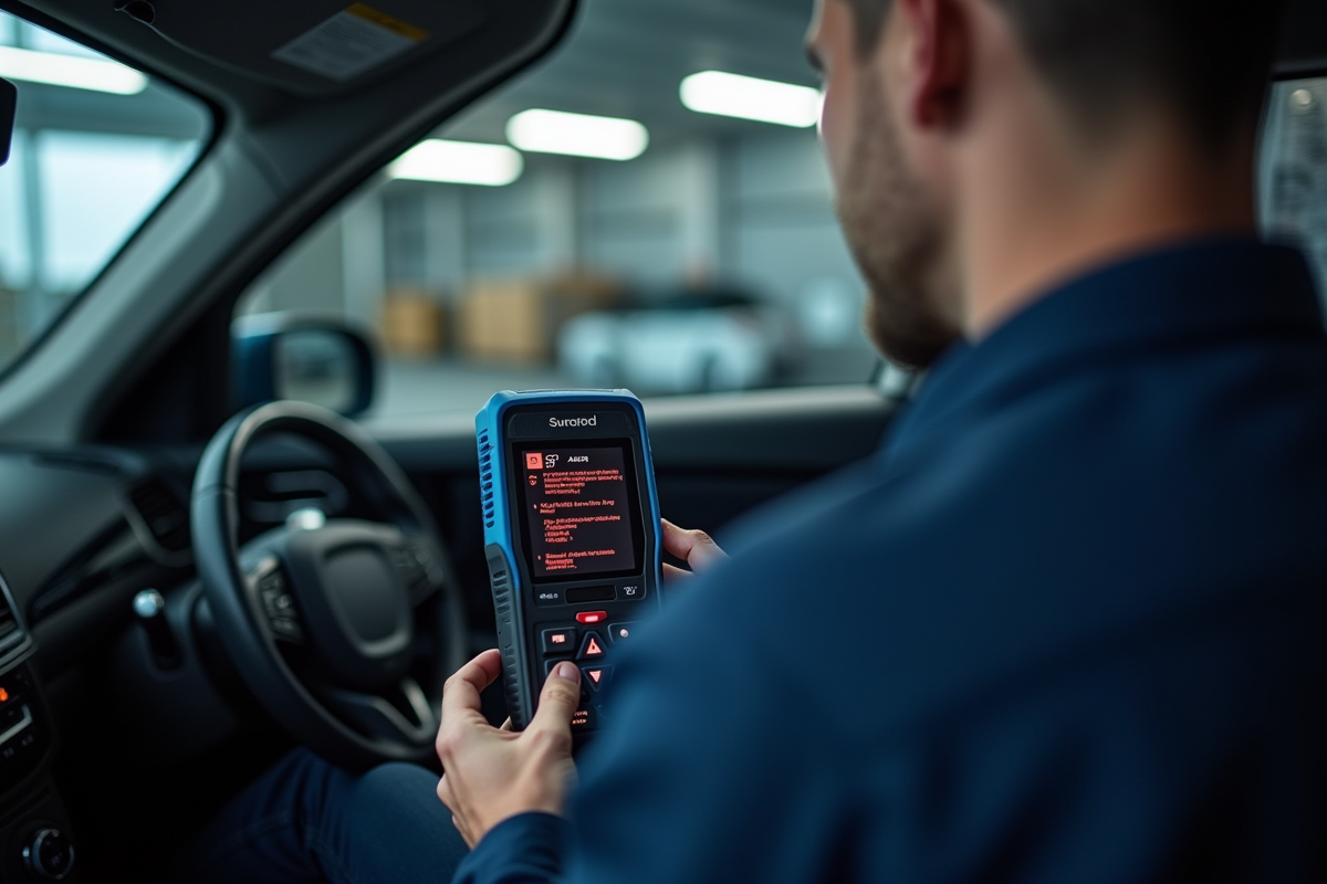 Mecanicien examinant un scanner de diagnostic automobile avec voyant ASR