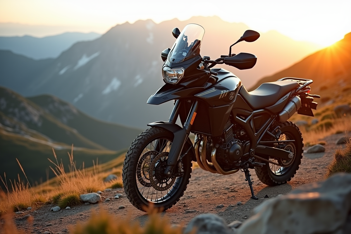 Moto d aventure sur sentier de montagne au lever du soleil