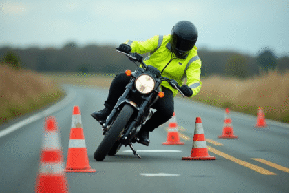 Motocycliste en formation sur route rurale avec cones