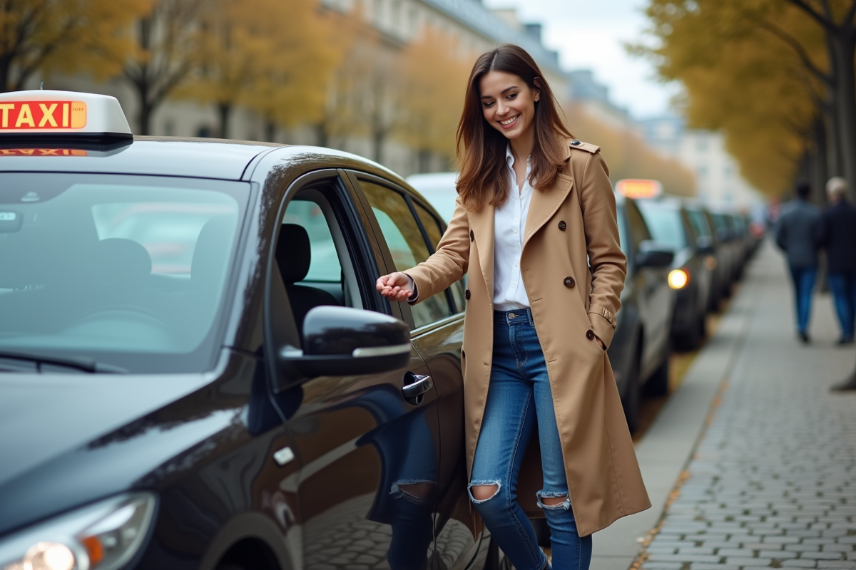 Jeune femme payant le taxi dans la rue parisienne