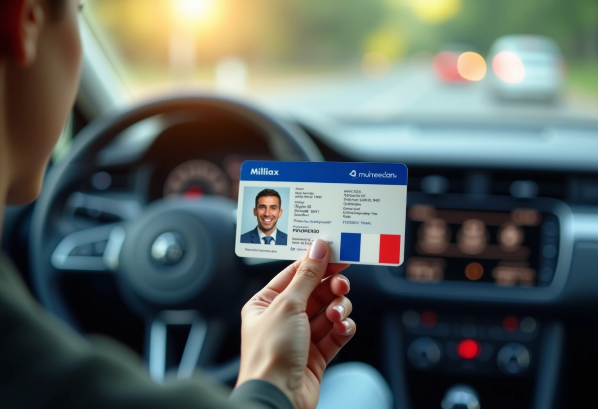 Personne souriante tenant son permis de conduire dans une voiture lumineuse