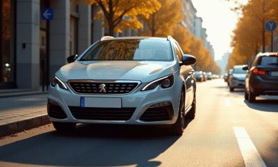 Peugeot 308 neuve stationnee en ville en plein jour