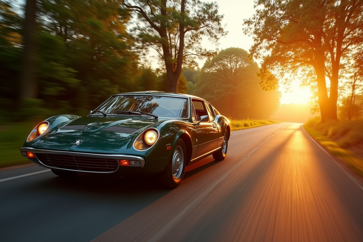 Peugeot 907 roulant en campagne au coucher du soleil