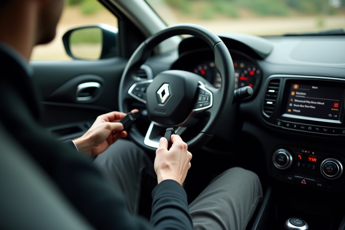 Mains ajustant la ceinture de securite dans une Renault Clio neuve
