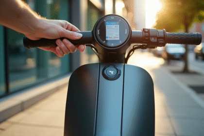 Scooter électrique moderne avec sticker d'assurance sur la ville