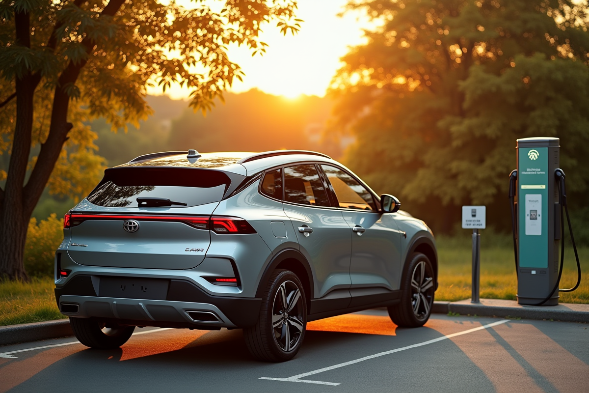 SUV hybride au station de recharge dans la nature