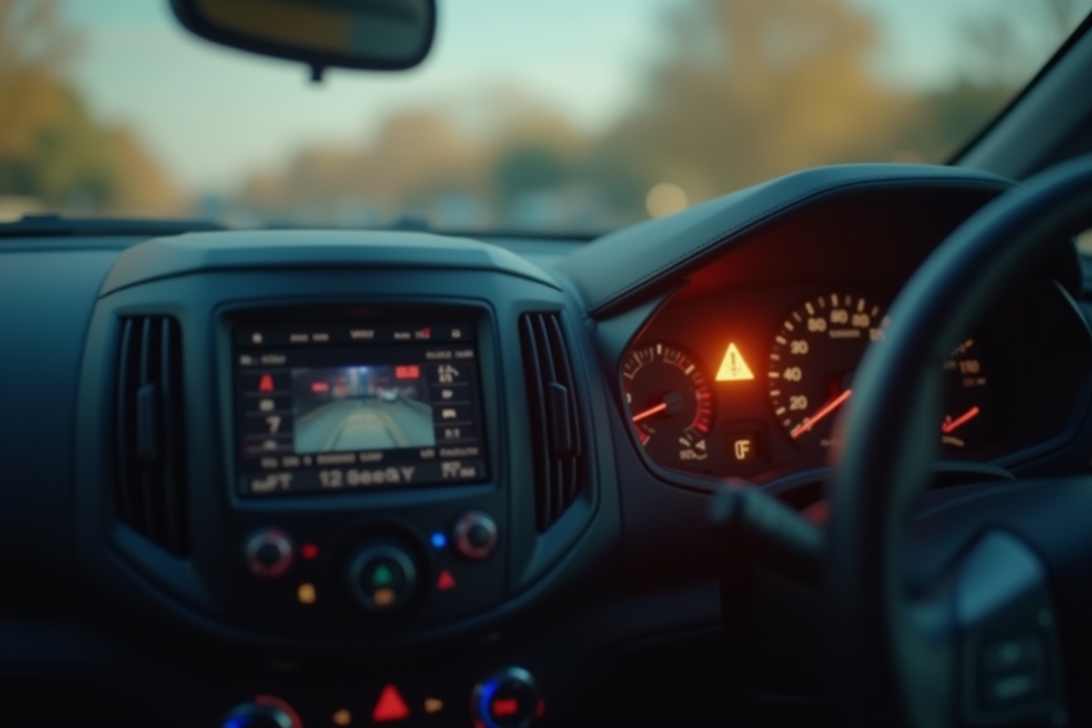 Tableau de bord de voiture avec voyant allumé en journée