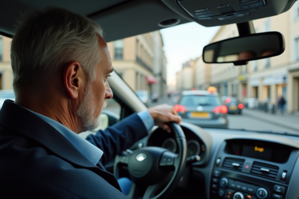 Conducteur de taxi bruxellois regardant le taximètre dans la ville