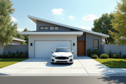 Allée moderne avec voiture devant garage résidentiel en plein jour