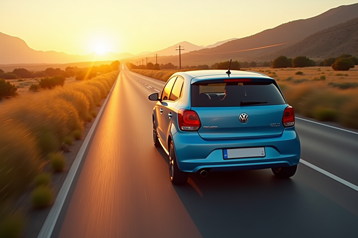 Voiture compacte bleue roulant en campagne au coucher du soleil