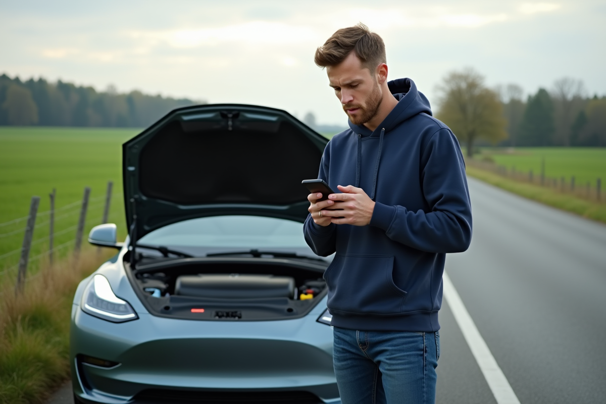 Homme regardant sa voiture électrique au bord de la route