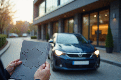 Voiture française devant une mairie moderne avec document d'immatriculation